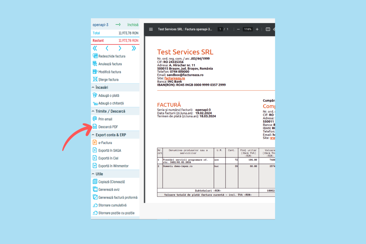 Cum export o factură? - pasul 5