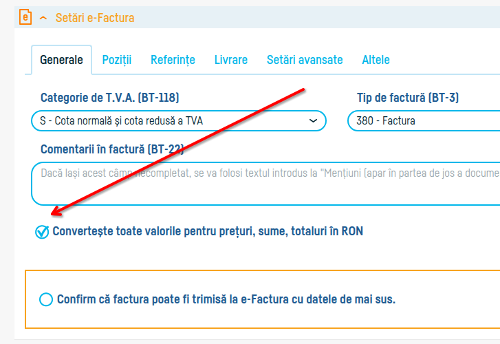 Convertirea automată a valorilor în lei pentru eFactura - pasul 3