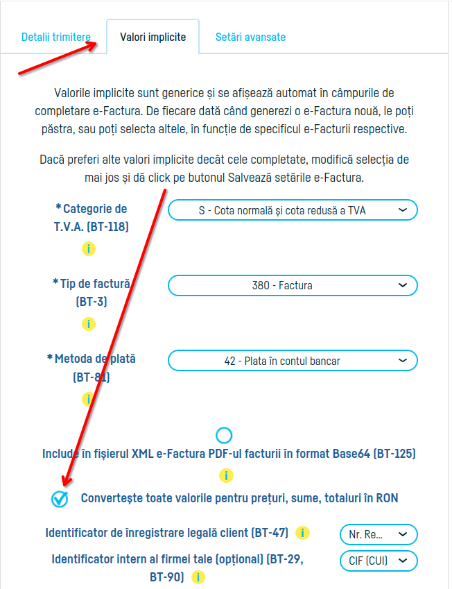 Convertirea automată a valorilor în lei pentru eFactura - pasul 2