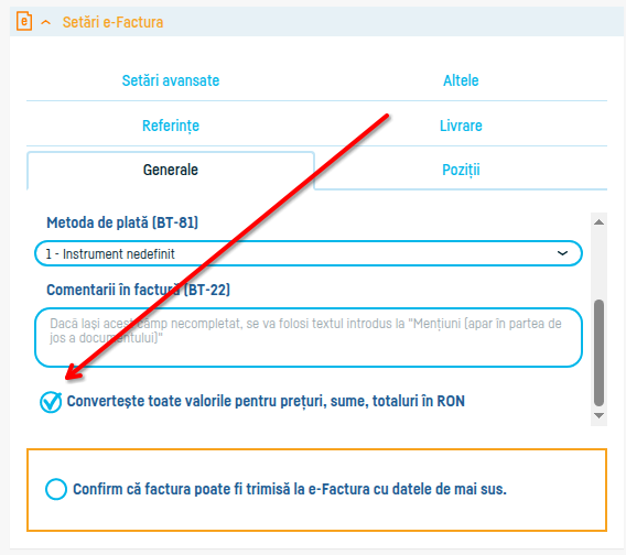 Convertirea automată a valorilor în lei pentru eFactura - pasul 3