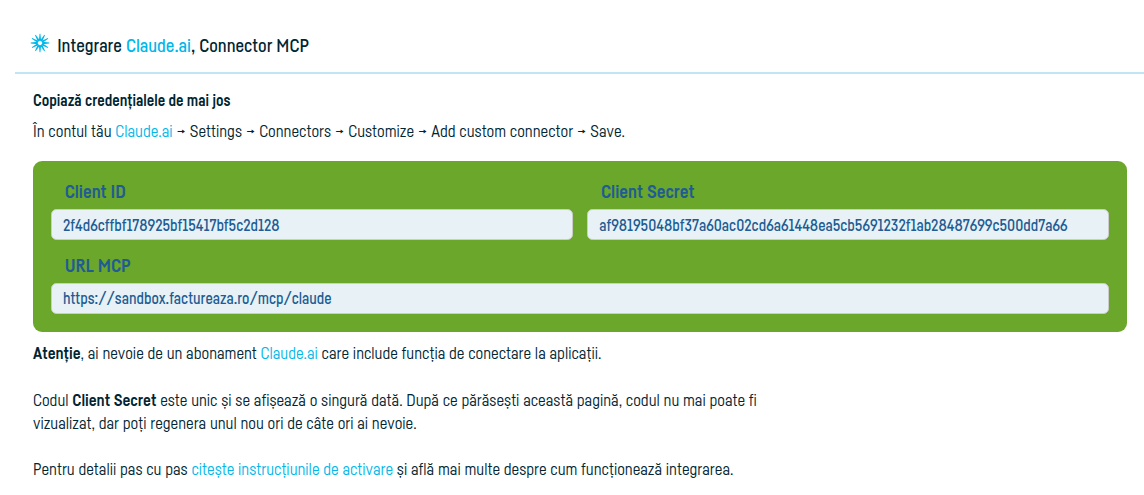 Cum conectezi Claude.ai la factureaza.ro - pasul 3