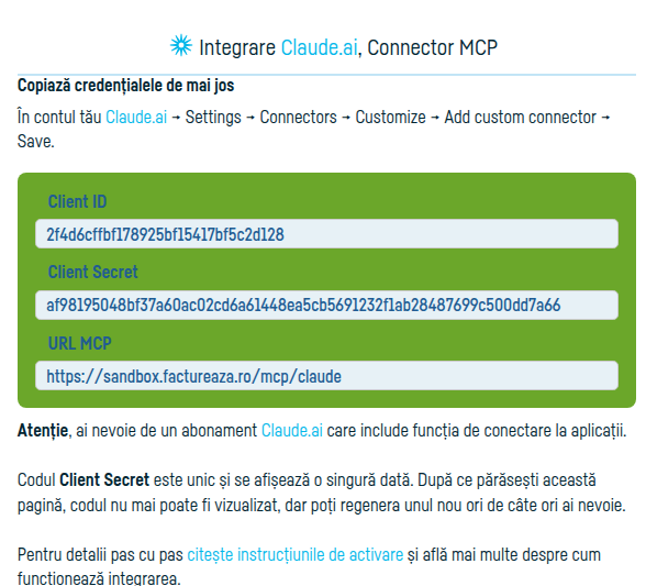 Cum conectezi Claude.ai la factureaza.ro - pasul 4