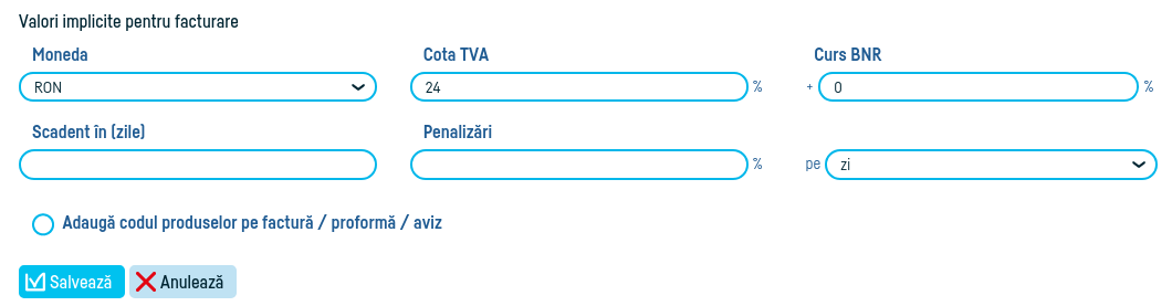 Cum stabilesc valorile implicite pentru facturi? - pasul 3