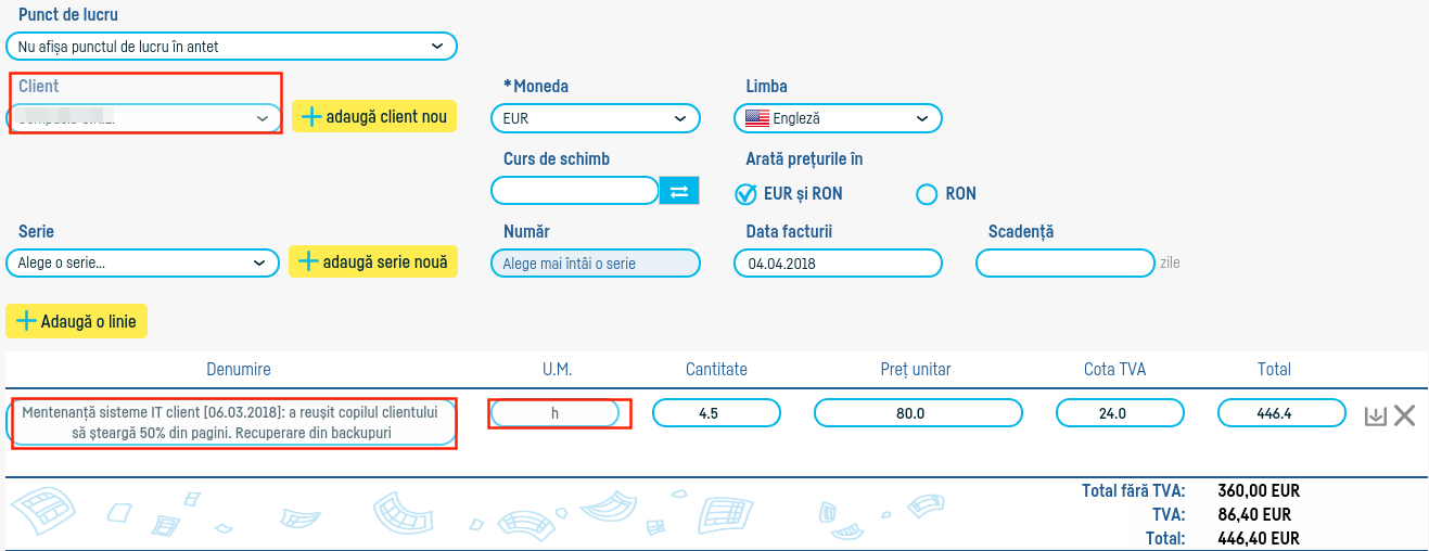 Cum emit o factură pe baza pontajului? - pasul 4