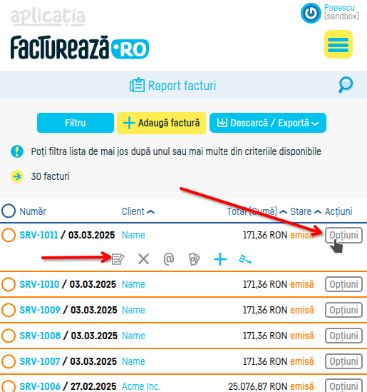 Cum pot schimba datele de pe o factură salvată? - pasul 2