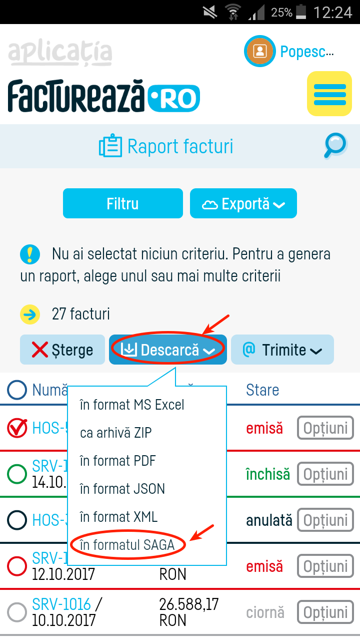 Cum export mai multe facturi în SAGA? - pasul 5