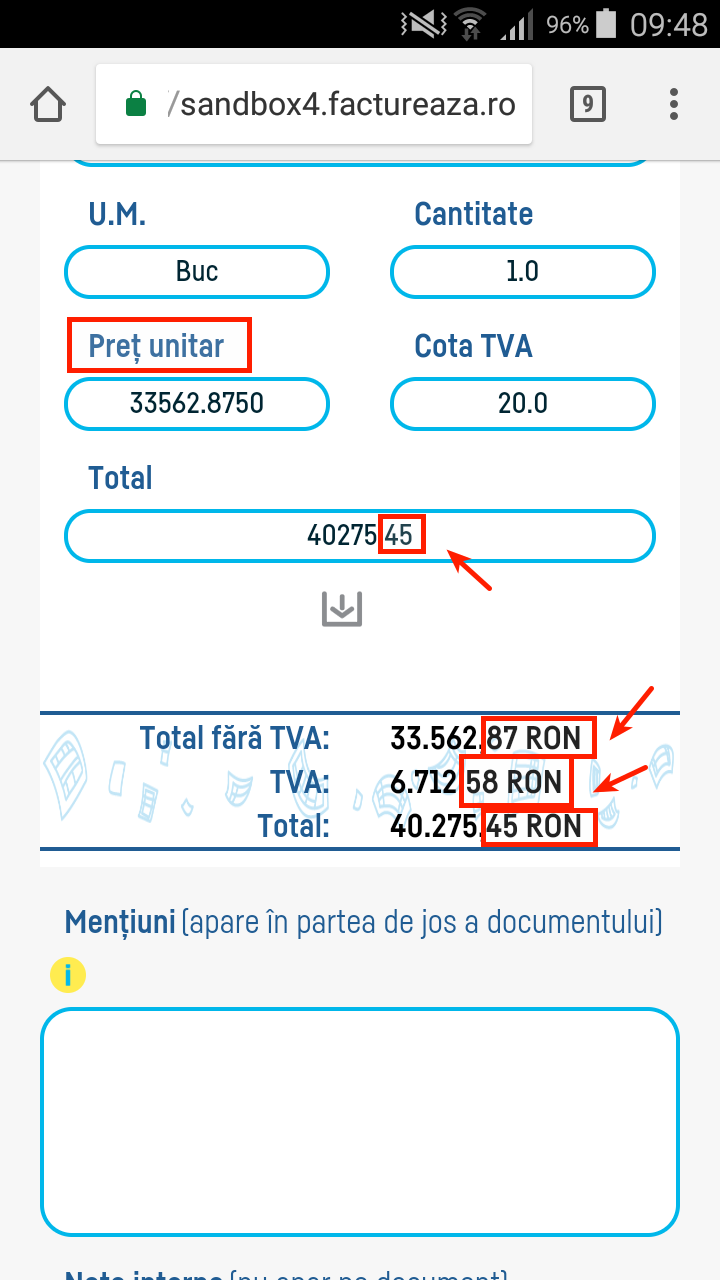 Modalitate de rotunjire la calculul totalului fără TVA - pasul 2