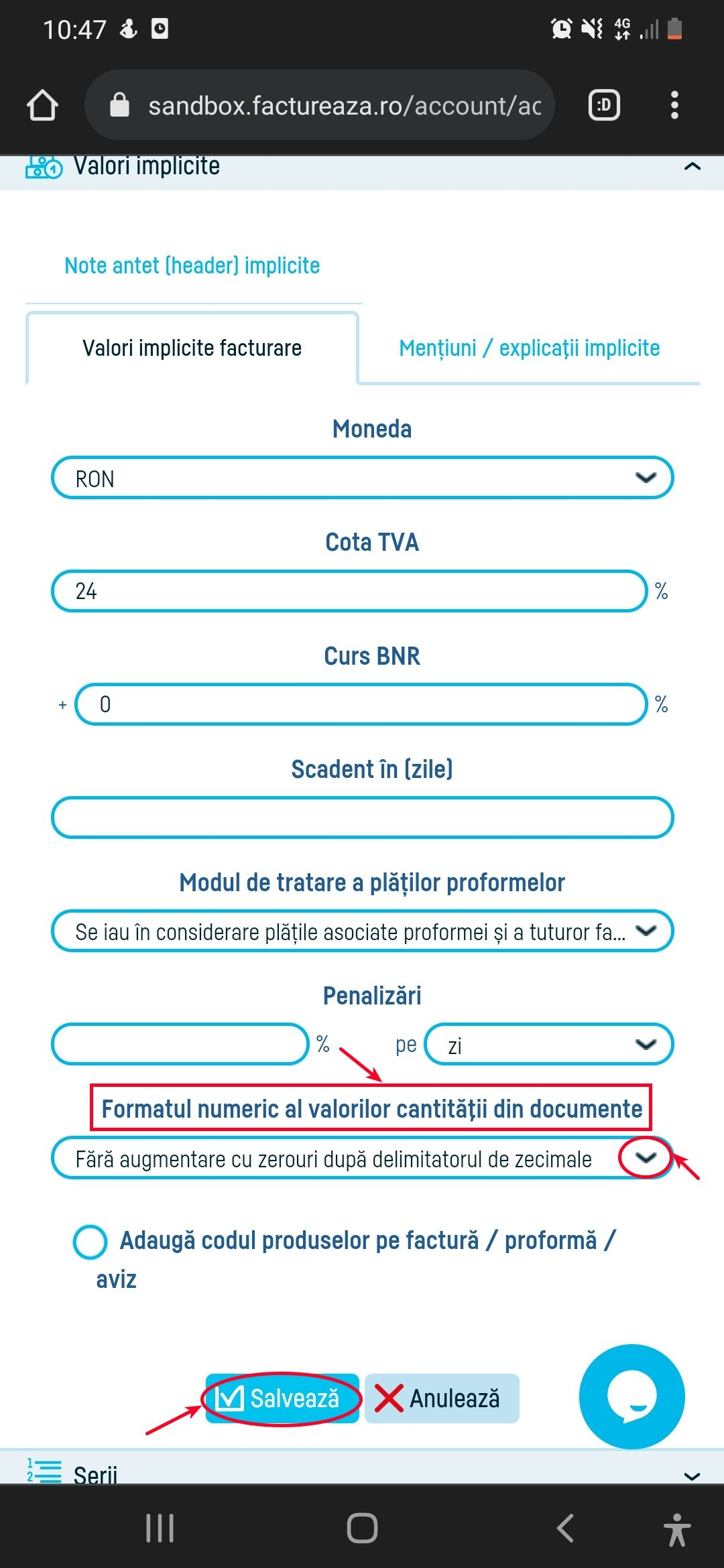 Formatul numeric al valorilor cantităţii din documente - pasul 3