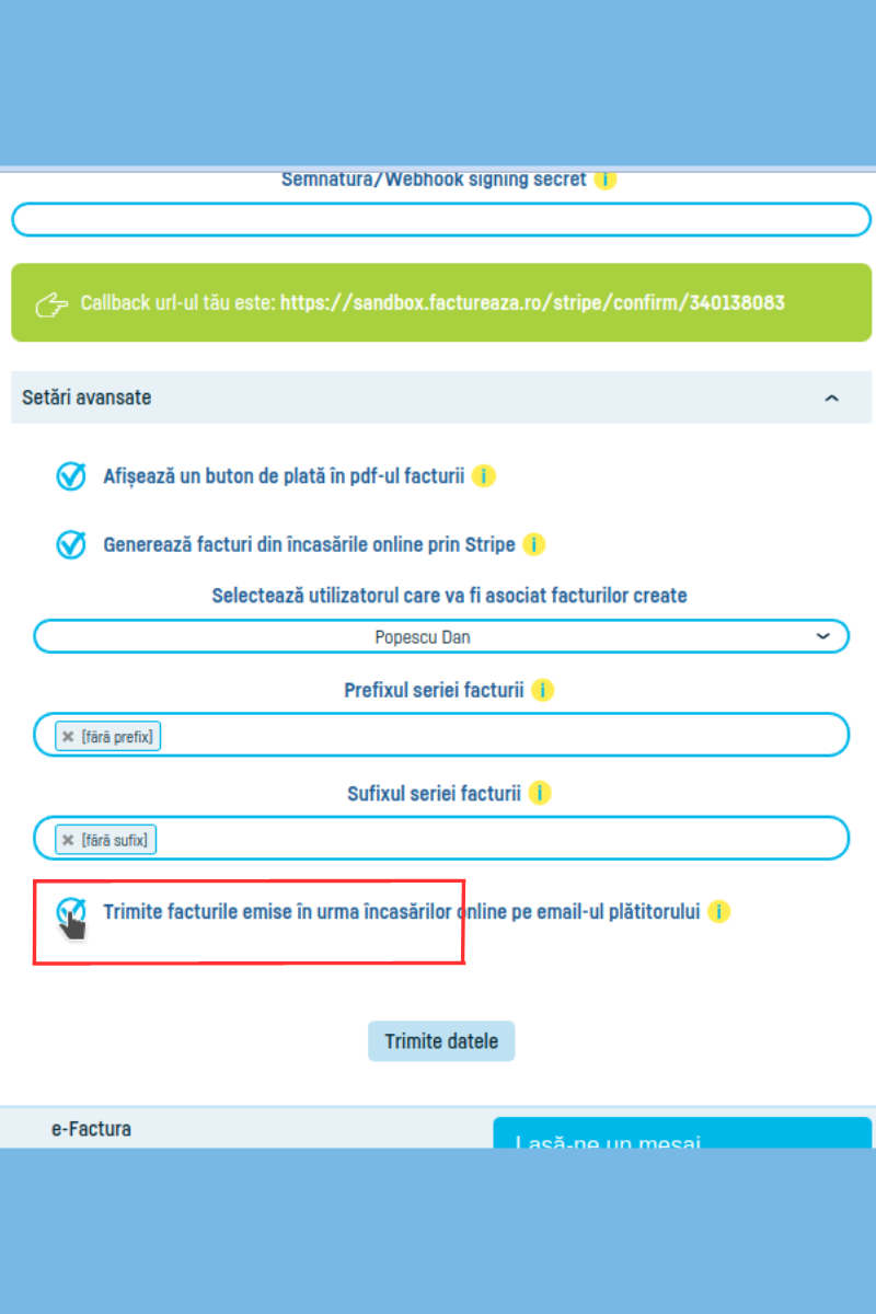 Generează facturi din încasările online prin Stripe - pasul 4