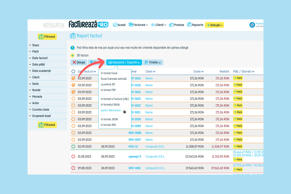 Cum export mai multe facturi în Winmentor? - pasul 3