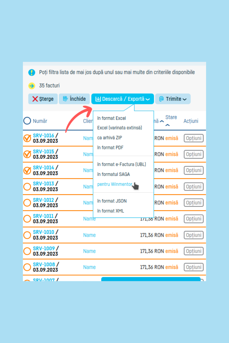 Cum export mai multe facturi în Winmentor? - pasul 4