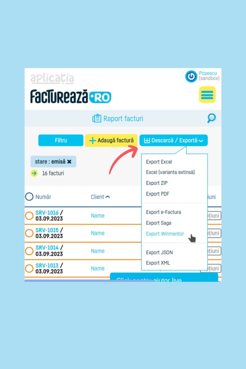 Cum export mai multe facturi în Winmentor? - pasul 5