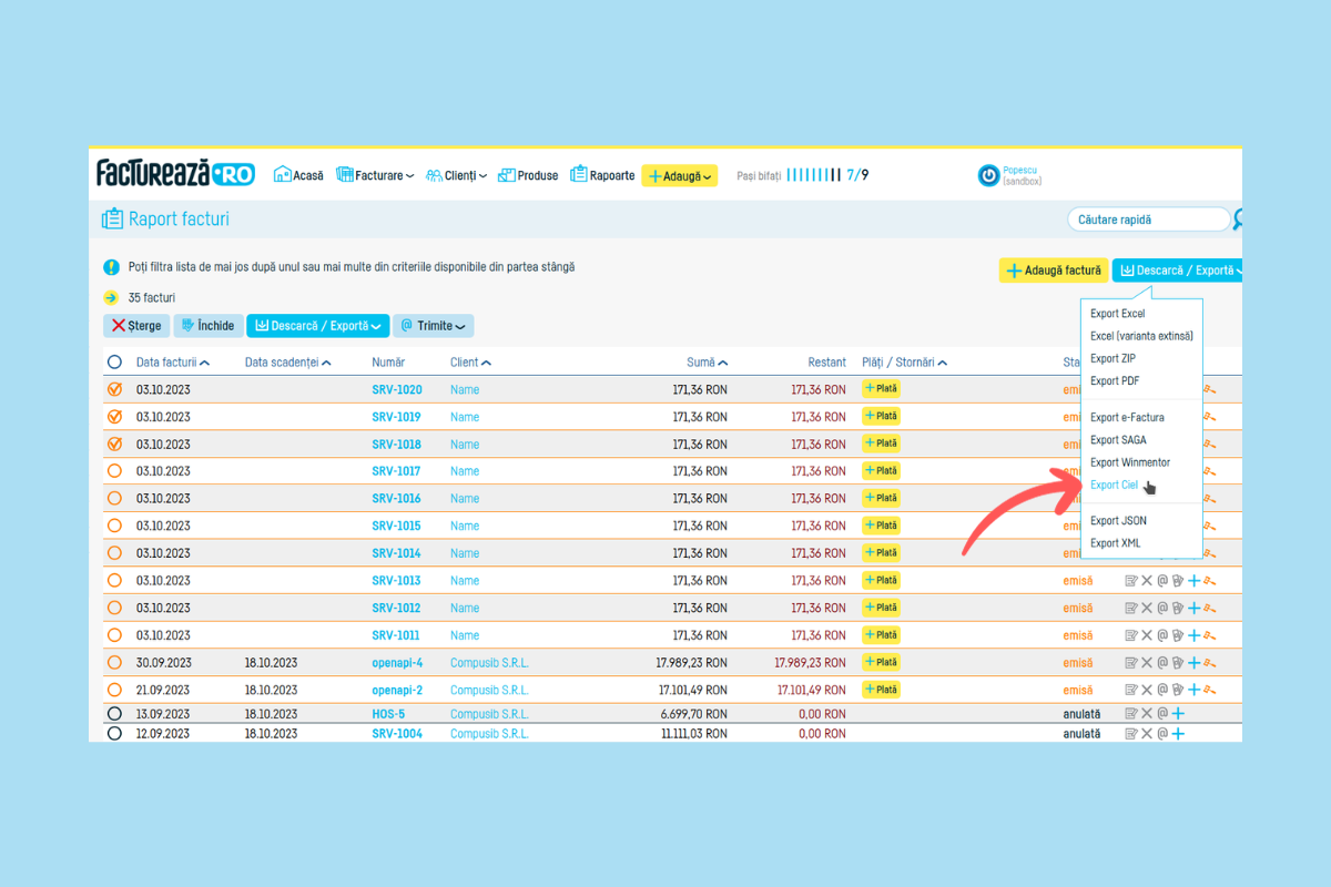 Cum export mai multe facturi în Ciel? - pasul 4